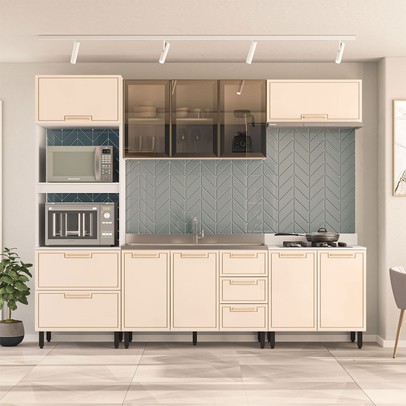 Cozinha Completa Amara 10 Portas 4 Gavetas com Vidro 40250785 Creme/Branco - Politorno