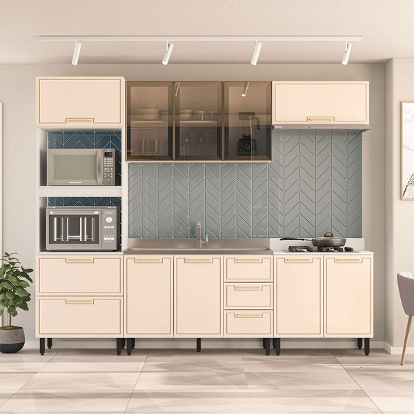 Cozinha Completa Amara 10 Portas 4 Gavetas com Vidro 40250785 Creme/Branco - Politorno