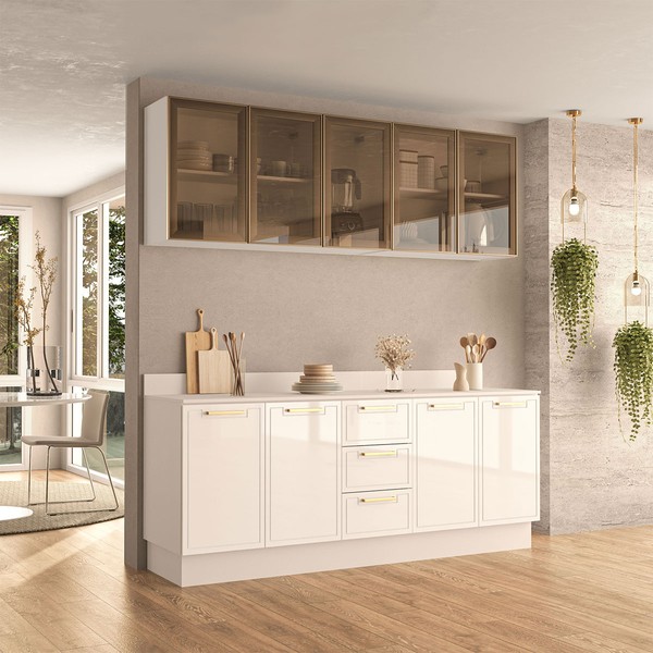 Cozinha Compacta Amara 9 Portas 3 Gavetas com Vidro 40250786 Branco - Politorno