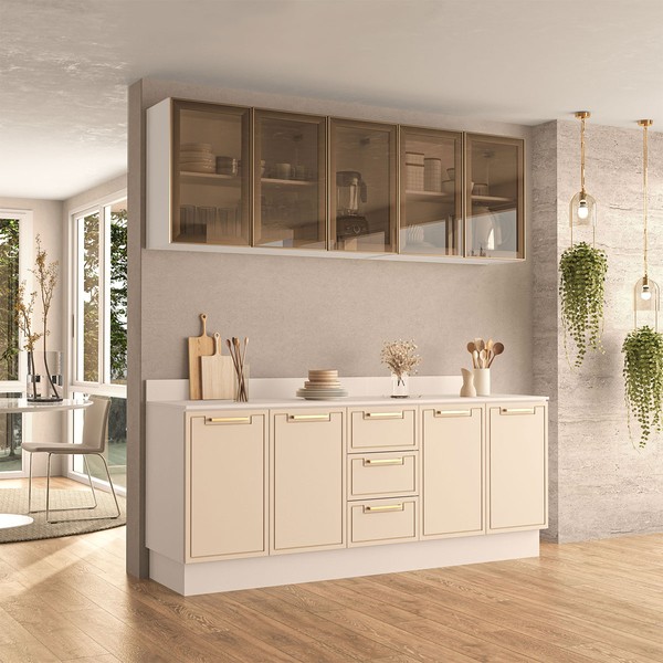 Cozinha Compacta Amara 9 Portas 3 Gavetas com Vidro 40250786 Creme/Branco - Politorno