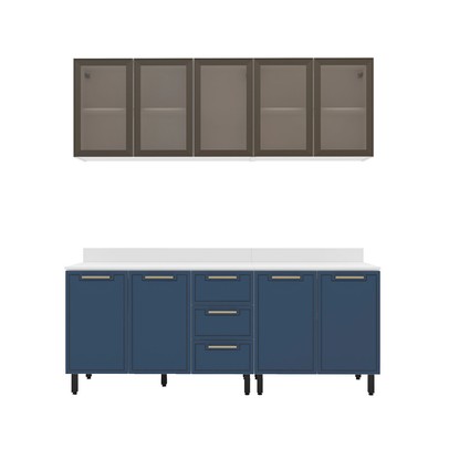 Cozinha Compacta Amara 9 Portas 3 Gavetas com Vidro Azul/Branco - Politorno