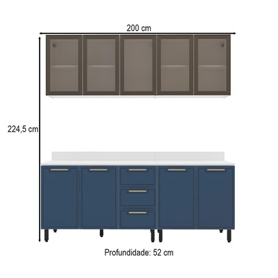 Cozinha Compacta Amara 9 Portas 3 Gavetas com Vidro Azul/Branco - Politorno