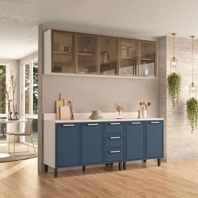 Cozinha Compacta Amara 9 Portas 3 Gavetas com Vidro Azul/Branco - Politorno