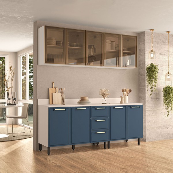 Cozinha Compacta Amara 9 Portas 3 Gavetas com Vidro Azul/Branco - Politorno