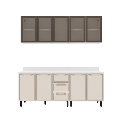 Cozinha Compacta Amara 9 Portas 3 Gavetas com Vidro Creme/Branco - Politorno