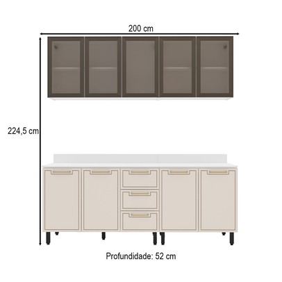 Cozinha Compacta Amara 9 Portas 3 Gavetas com Vidro Creme/Branco - Politorno