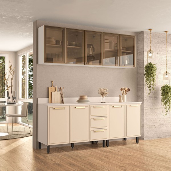 Cozinha Compacta Amara 9 Portas 3 Gavetas com Vidro Creme/Branco - Politorno