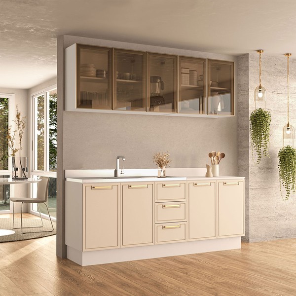 Cozinha Compacta Amara 9 Portas 3 Gavetas com Vidro 40250788 Creme/Branco - Politorno