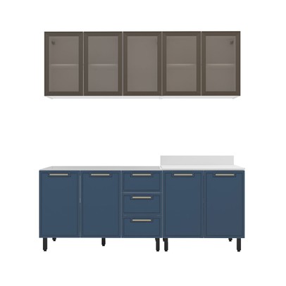 Cozinha Compacta Amara 9 Portas 3 Gavetas com Vidro 40250789 Azul/Branco - Politorno