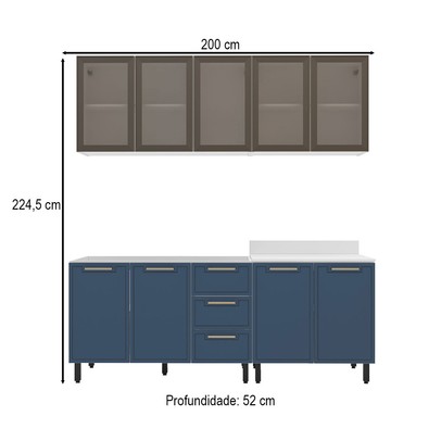 Cozinha Compacta Amara 9 Portas 3 Gavetas com Vidro 40250789 Azul/Branco - Politorno