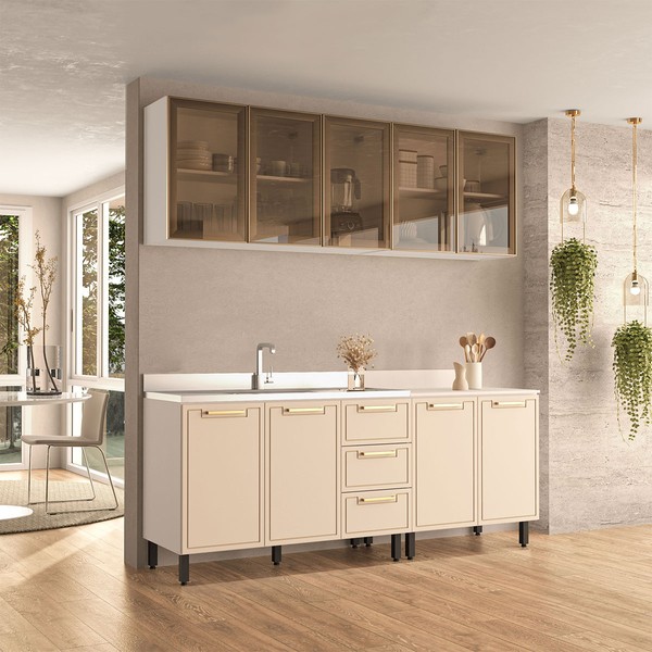 Cozinha Compacta Amara 9 Portas 3 Gavetas com Vidro 40250789 Creme/Branco - Politorno