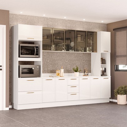 Cozinha Completa Amara 13 Portas 4 Gavetas com Vidro Branco - Politorno
