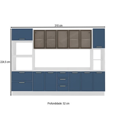 Cozinha Completa Amara 13 Portas 4 Gavetas com Vidro Azul/Branco - Politorno