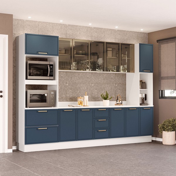 Cozinha Completa Amara 13 Portas 4 Gavetas com Vidro Azul/Branco - Politorno