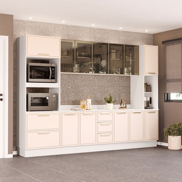 Cozinha Completa Amara 13 Portas 4 Gavetas com Vidro Creme/Branco - Politorno
