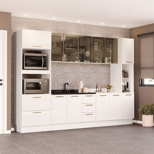 Cozinha Completa Amara 13 Portas 4 Gavetas com Vidro 40250776 Branco - Politorno