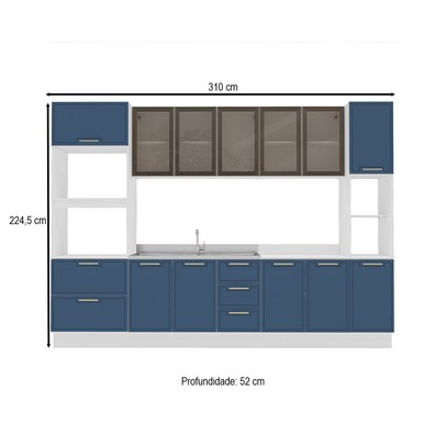 Cozinha Completa Amara 13 Portas 4 Gavetas com Vidro 40250776 Azul/Branco - Politorno