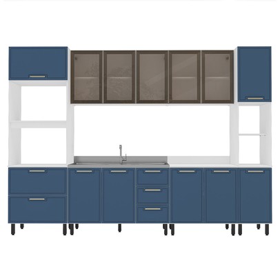 Cozinha Completa Amara 13 Portas 4 Gavetas com Vidro 40250777 Azul/Branco - Politorno