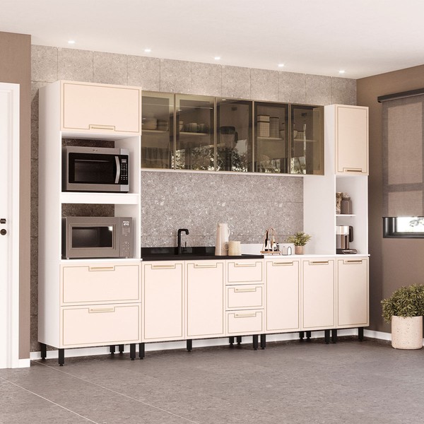 Cozinha Completa Amara 13 Portas 4 Gavetas com Vidro 40250777 Creme/Branco - Politorno