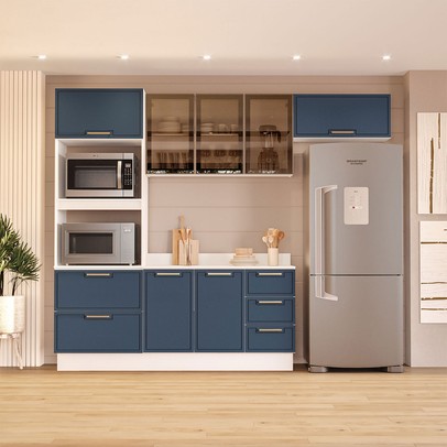 Cozinha Compacta Amara 8 Portas 4 Gavetas com Vidro Azul/Branco - Politorno