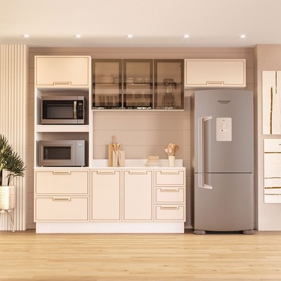 Cozinha Compacta Amara 8 Portas 4 Gavetas com Vidro Creme/Branco - Politorno