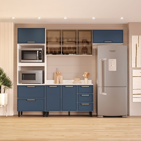 Cozinha Compacta Amara 8 Portas 4 Gavetas com Vidro 40250779 Azul/Branco - Politorno
