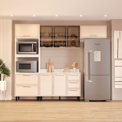 Cozinha Compacta Amara 8 Portas 4 Gavetas com Vidro 40250779 Creme/Branco - Politorno