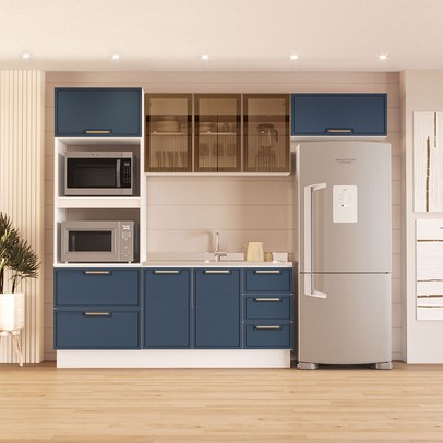 Cozinha Compacta Amara 8 Portas 4 Gavetas com Vidro 40250780 Azul/Branco - Politorno