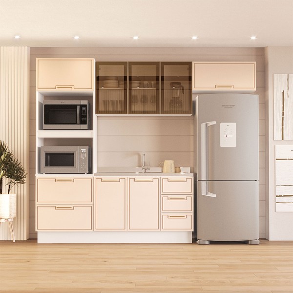 Cozinha Compacta Amara 8 Portas 4 Gavetas com Vidro 40250780 Creme/Branco - Politorno