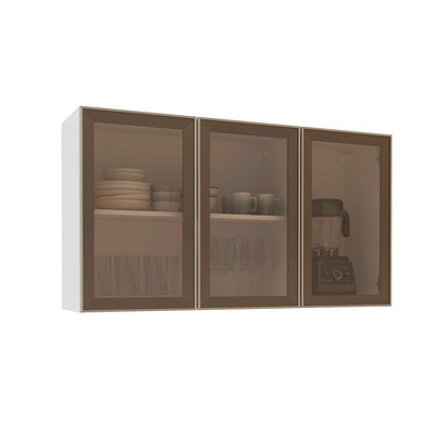 Armário Aéreo Cozinha Amara 3 Portas com Vidro Branco/Fume - Politorno