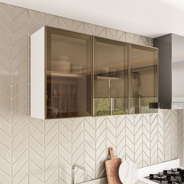 Armário Aéreo Cozinha Amara 3 Portas com Vidro Branco/Fume - Politorno