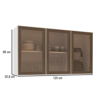 Armário Aéreo Cozinha Amara 3 Portas com Vidro Branco/Fume - Politorno