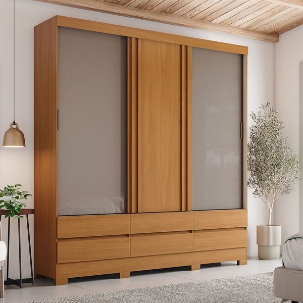 Guarda-Roupa Casal Reno 3 Portas 6 Gavetas Ripado Flex Cinamomo/Off White/Avelã - Henn