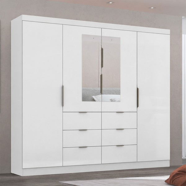 Guarda-Roupa Casal Click 4 Portas 6 Gavetas com Espelho Branco - Maxel