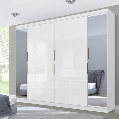 Guarda-Roupa Casal Diamante 6 Portas 4 Gavetas com Espelho Branco - Pnr Móveis
