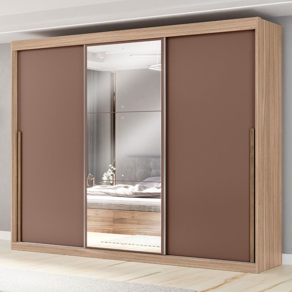 Guarda-Roupa Casal Tower 3 Portas 6 Gavetas com Espelho Cappuccino/Terracota - Pnr Móveis