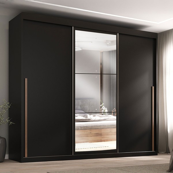 Guarda-Roupa Casal Tower 3 Portas 6 Gavetas com Espelho Preto - Pnr Móveis