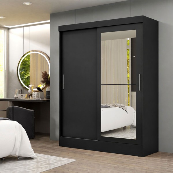 Guarda-Roupa Solteiro Porto Rico 2 Portas 2 Gavetas com Espelho Flex Preto - Pnr Móveis