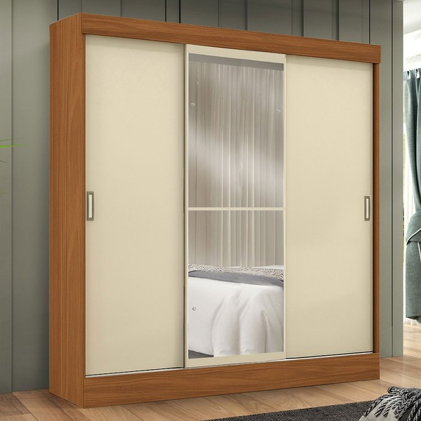 Guarda-Roupa Solteiro Sul 3 Portas 2 Gavetas com Espelho Cinamomo/Off White - Pnr Móveis