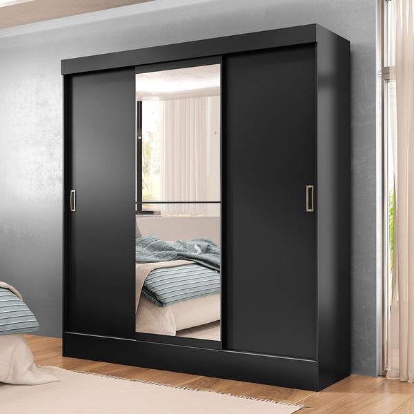 Guarda-Roupa Solteiro Sul 3 Portas 2 Gavetas com Espelho Preto - Pnr Móveis