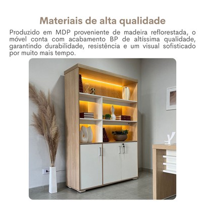 Armário para Escritório Tamburato com Led Carvalho/Branco - Artany Movéis