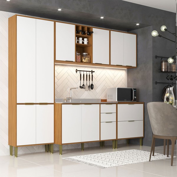 Cozinha Compacta Domus 10 Portas 5 Gavetas Nogal/Branco - Hecol Móveis