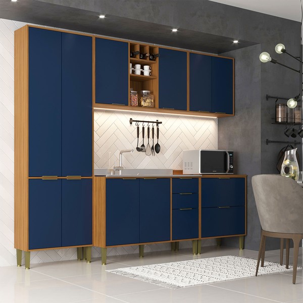 Cozinha Compacta Domus 10 Portas 5 Gavetas Nogal/Royal - Hecol Móveis