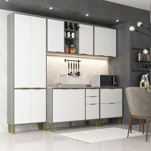 Cozinha Compacta Domus 10 Portas 5 Gavetas Silver/Branco - Hecol Móveis