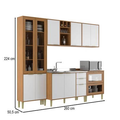 Cozinha Compacta Domus 10 Portas 5 Gavetas com Vidro Nogal/Branco - Hecol Móveis