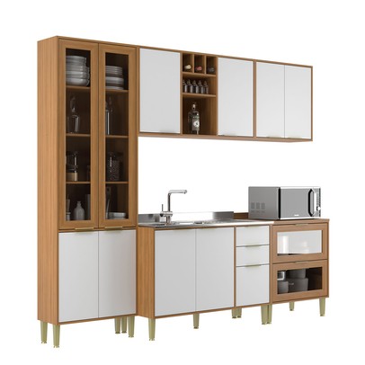Cozinha Compacta Domus 10 Portas 5 Gavetas com Vidro Nogal/Branco - Hecol Móveis