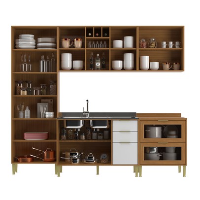 Cozinha Compacta Domus 10 Portas 5 Gavetas com Vidro Nogal/Branco - Hecol Móveis