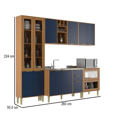 Cozinha Compacta Domus 10 Portas 5 Gavetas com Vidro Nogal/Royal - Hecol Móveis