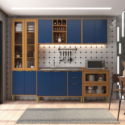 Cozinha Compacta Domus 10 Portas 5 Gavetas com Vidro Nogal/Royal - Hecol Móveis