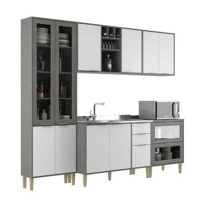 Cozinha Compacta Domus 10 Portas 5 Gavetas com Vidro Silver/Branco - Hecol Móveis